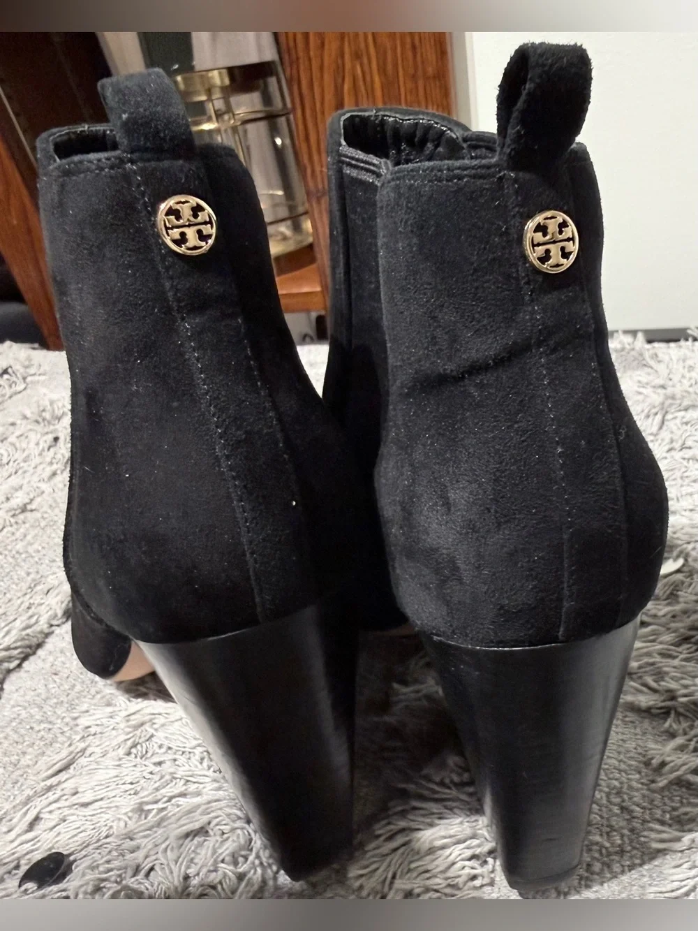 Tory Burch Gemma Black Suede Peep Toe Bootie Black